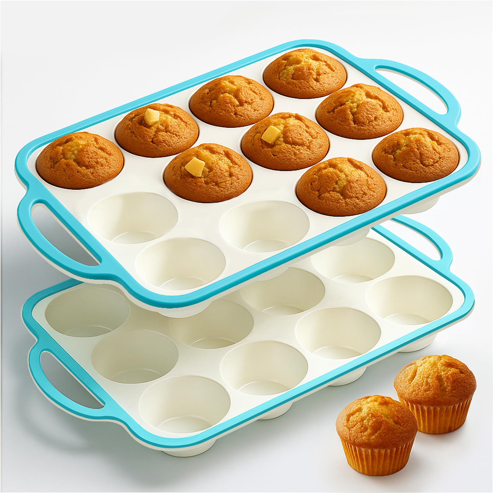 Fimary 2-pack silicone muffin pans with blue color and sturdy frame for durable baking