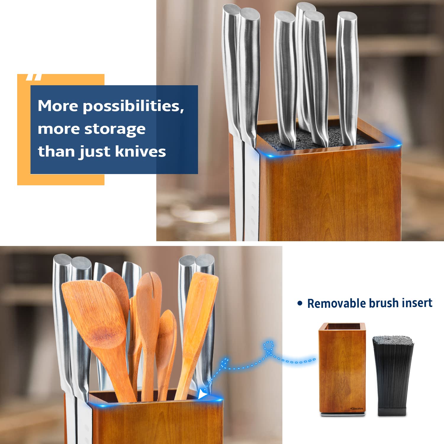 Fimaten rotating knife block base made of stainless steel provides stable support during prep.