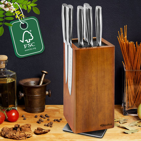 Fimaten universal magnetic knife block with 360° rotation for easy knife access and organization.