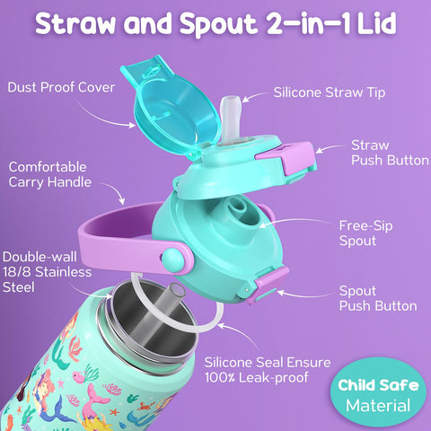 Fimibuke 2-in-1 lid and silicone straw enables quick sipping in school or sports.