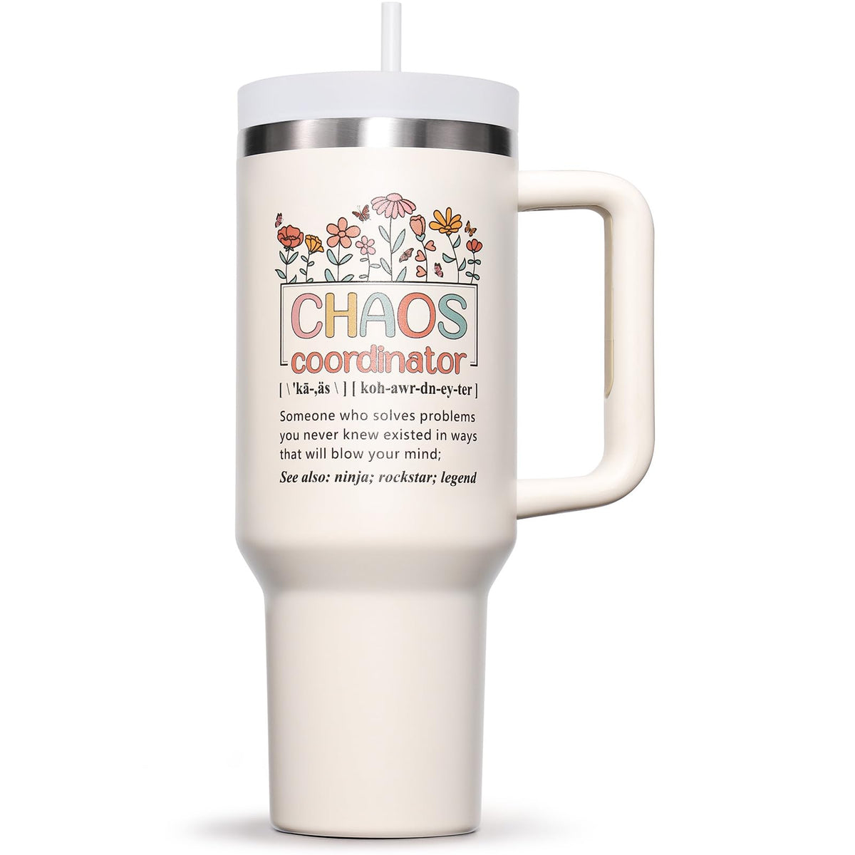 Fimibuke chaos coordinator tumbler with handle for portable hydration at work.