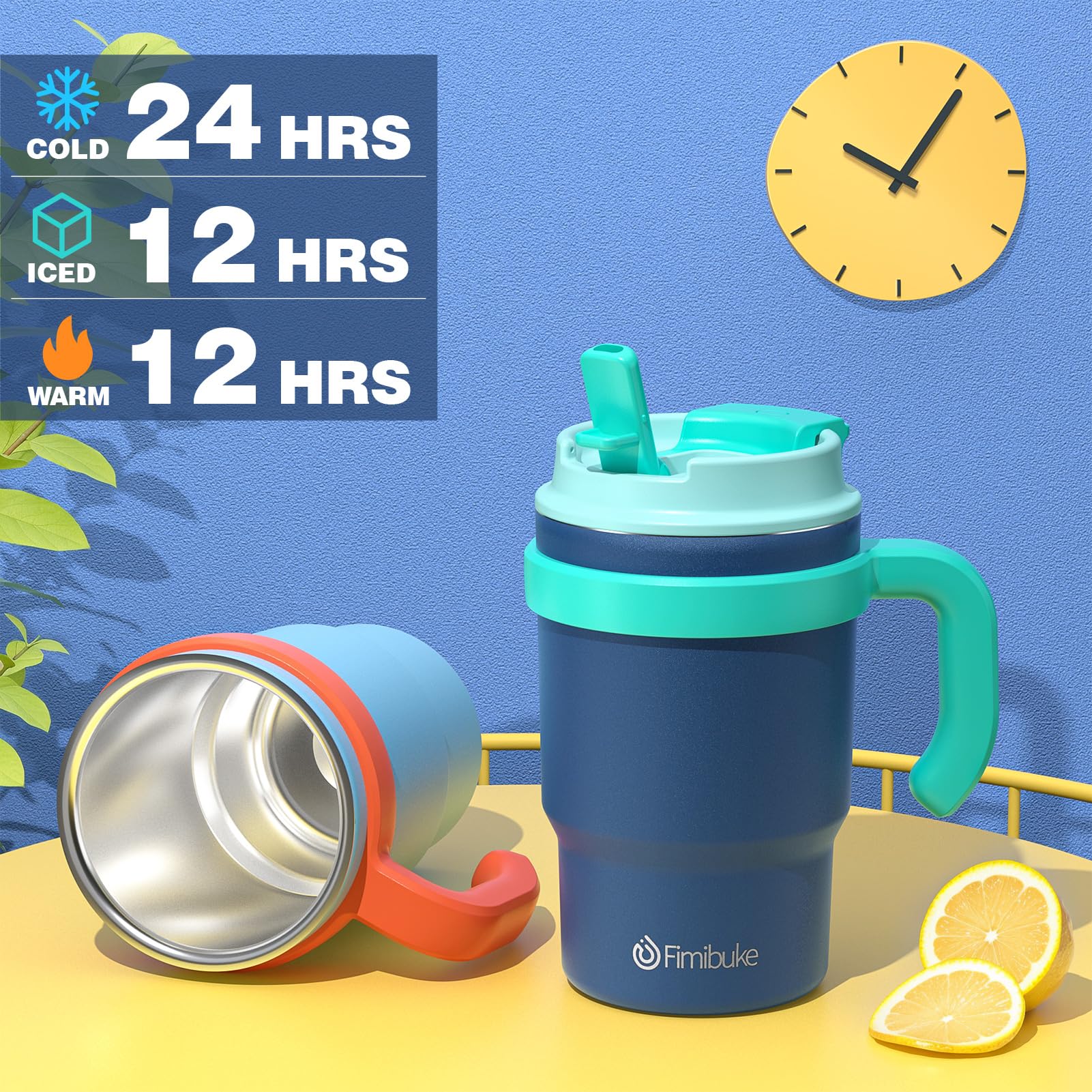 Fimibuke compact-base tumbler fits most cupholders for quick transport.