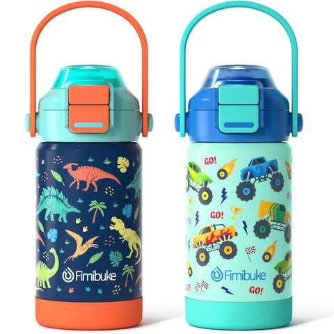 Fimibuke kids bottle with blue pattern and pop-open straw for easy on-the-go hydration.