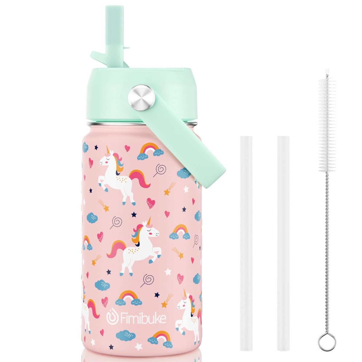 Fimibuke Kids unicorn bottle front view promotes daily hydration with bright, appealing colors.