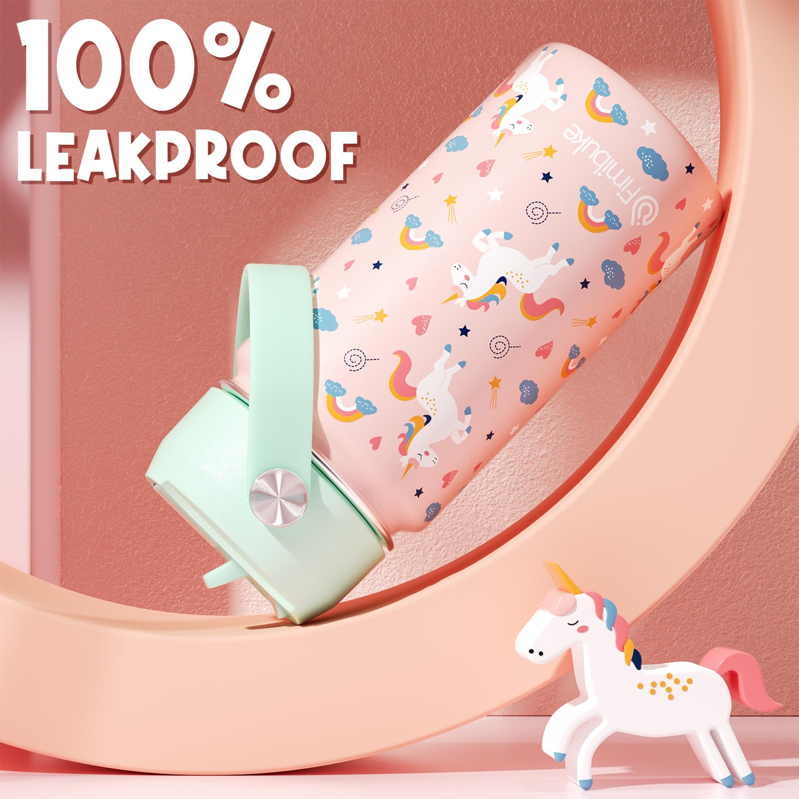 Fimibuke 14oz bottle fits in school bags and lunch boxes for convenient hydration.