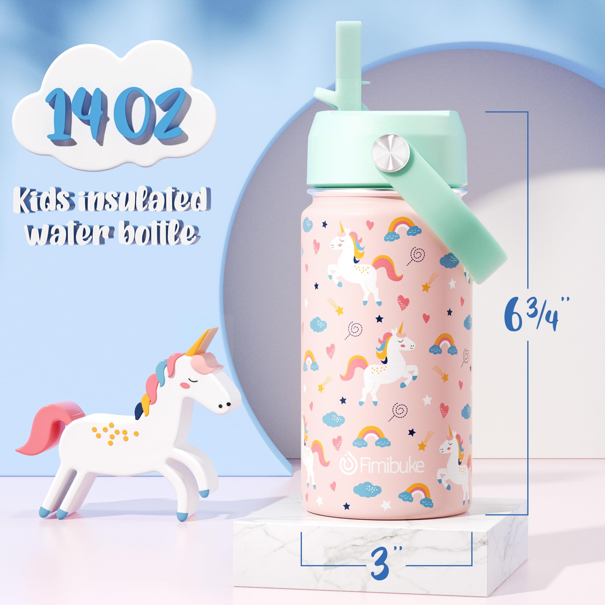 Fimibuke unicorn bottle lid shows leak-proof design for mess-free carry.
