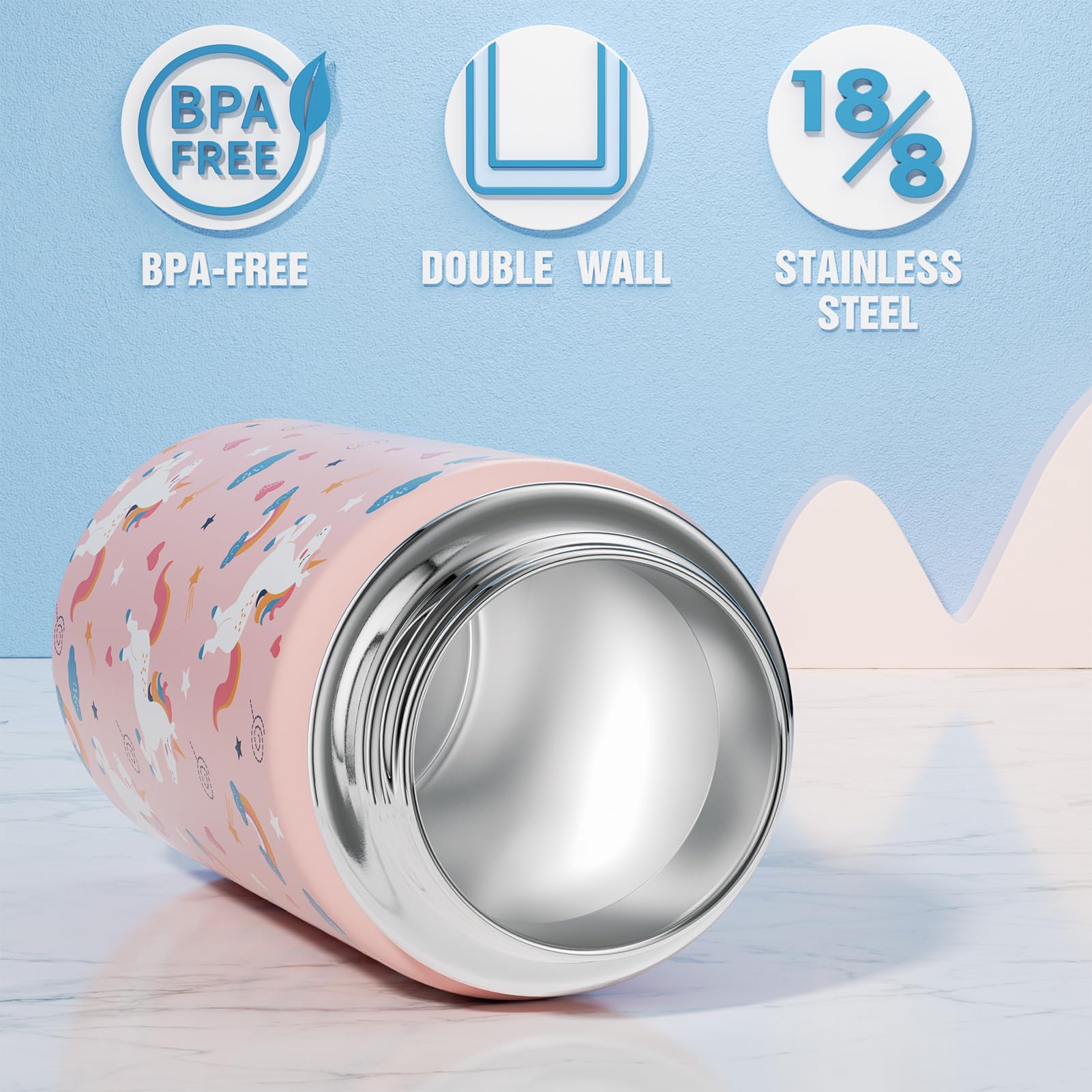 Fimibuke unicorn bottle pattern in hand highlights its colorful design for joyful school days.