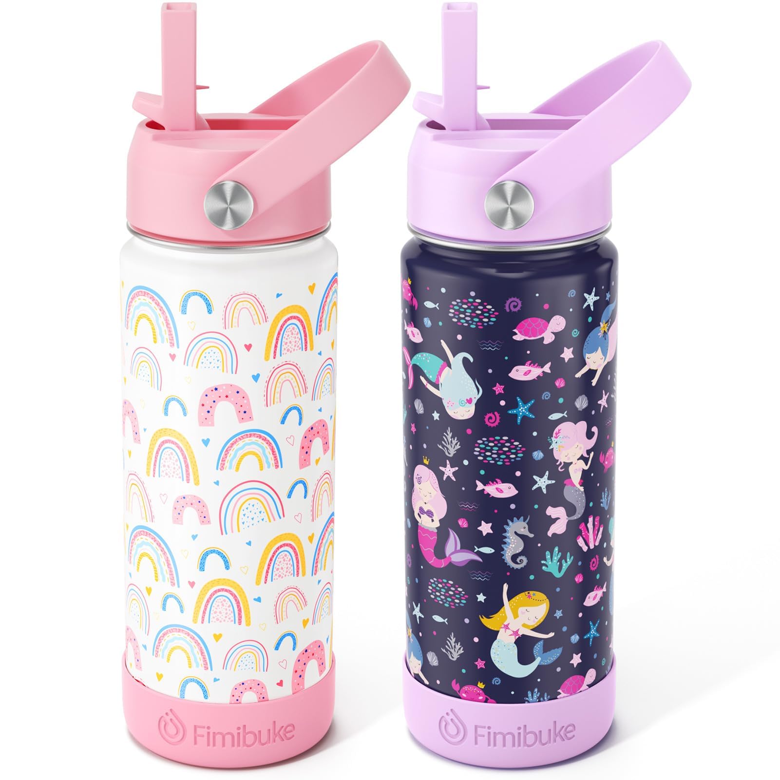 Fimibuke rainbow-pattern kids bottle keeps drinks fresh and easy to grab at school.