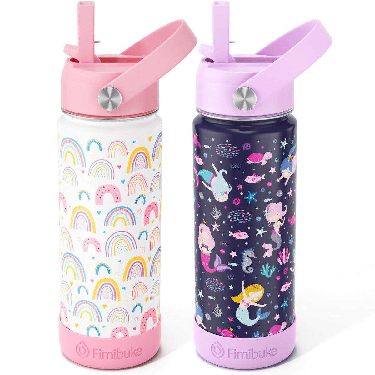 Fimibuke rainbow-pattern kids bottle keeps drinks fresh and easy to grab at school.