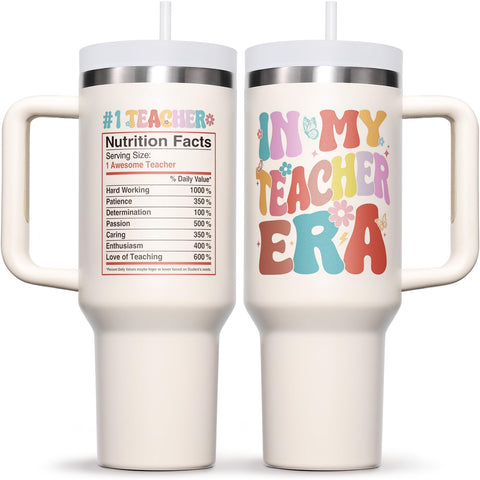 Fimibuke Teacher Era tumbler front view, bold design and easy grip.