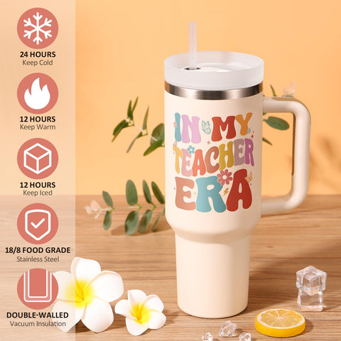 Fimibuke Teacher Era tumbler handle close-up for comfortable on-the-go grip.