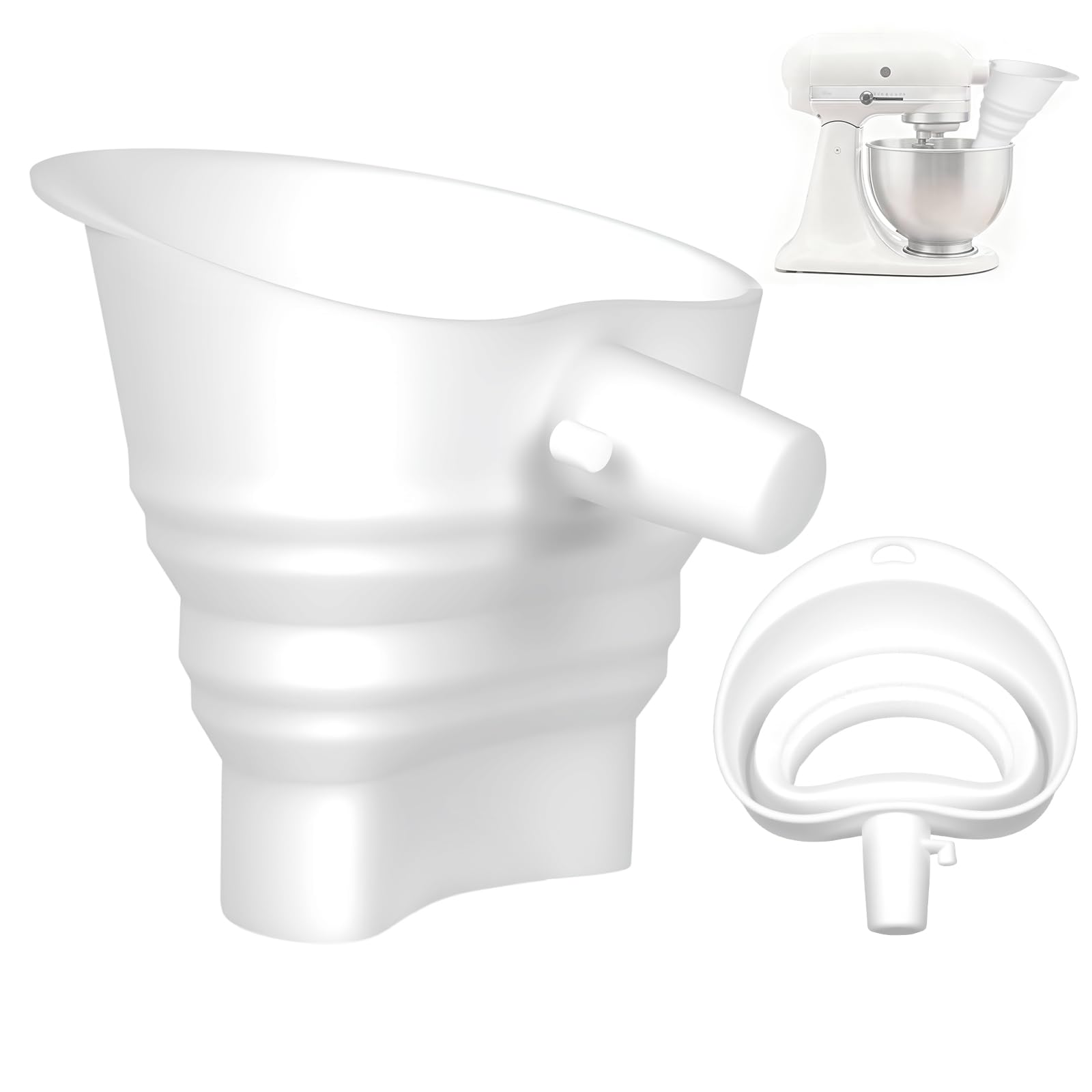 FIMXSD foldable flour funnel attached to KitchenAid for secure, mess-free pouring