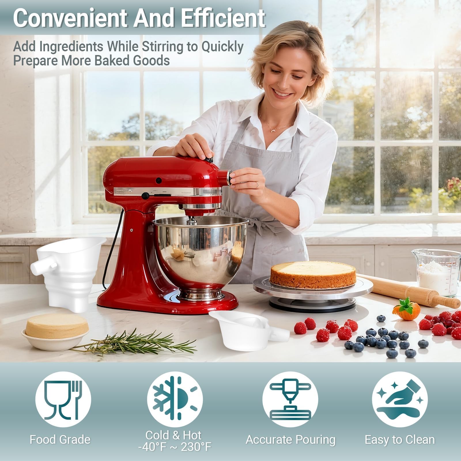 FIMXSD hands-free baking funnel feeds ingredients automatically into the bowl