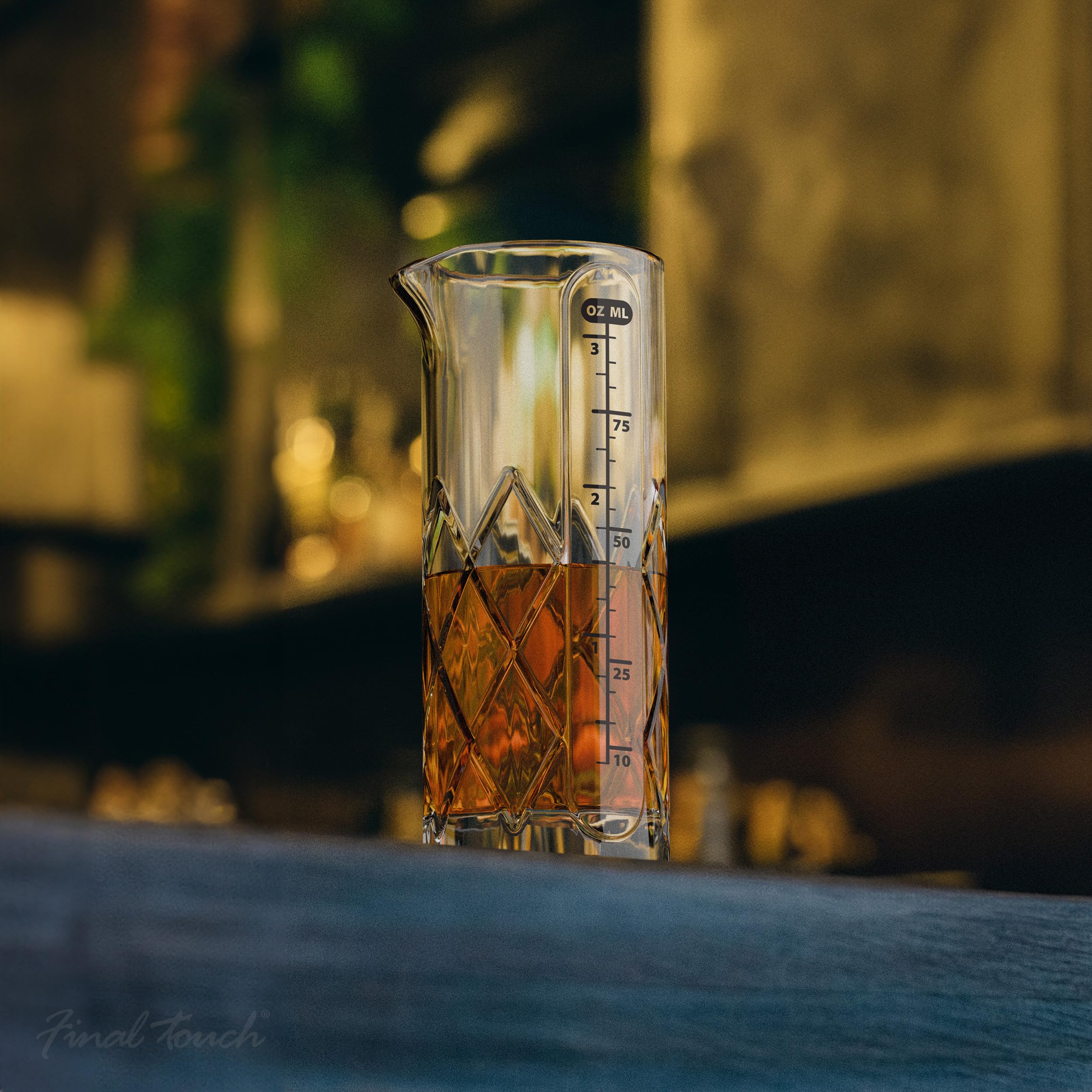 Final Touch Yarai Jigger features Yarai weave pattern for elegant barware