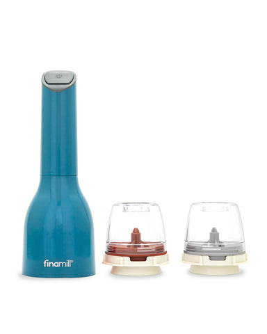 FinaMill Classic battery spice mill front view with interchangeable pods for clean, fast seasoning.