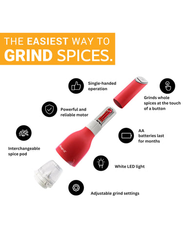 Wide refill opening reduces mess during spice refills.