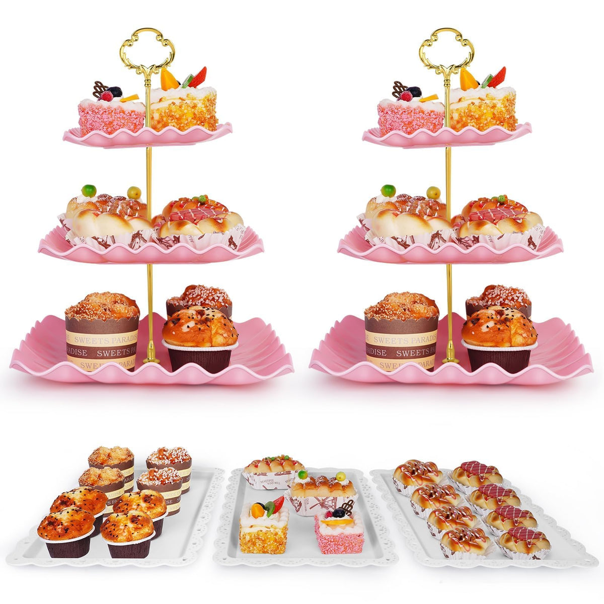 Findful pink 3 tier dessert stand with wave edge plates for elegant display