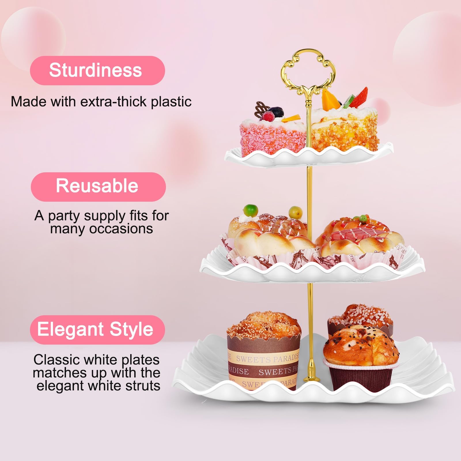 Findful wedding dessert display in pink for baby showers and tea parties