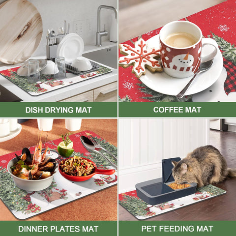 Findosom Christmas dish mat shown under a coffee setup for drying