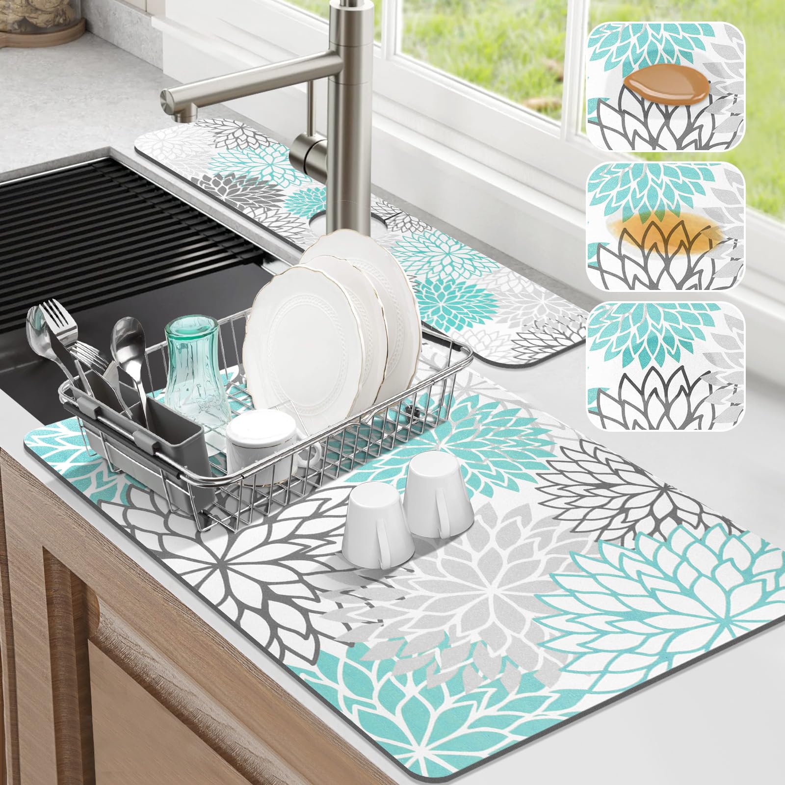 Findosom teal floral dish drying mat for quick countertop drying