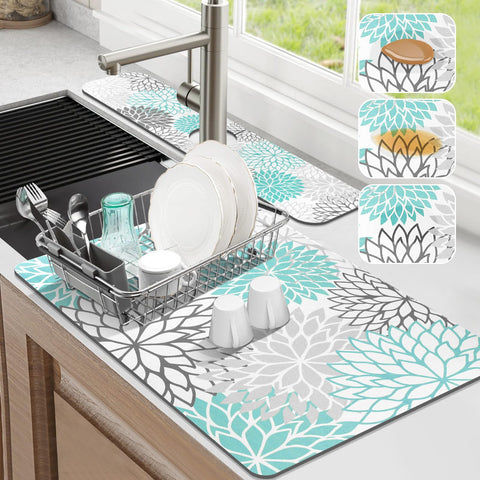 Findosom teal floral dish drying mat for quick countertop drying