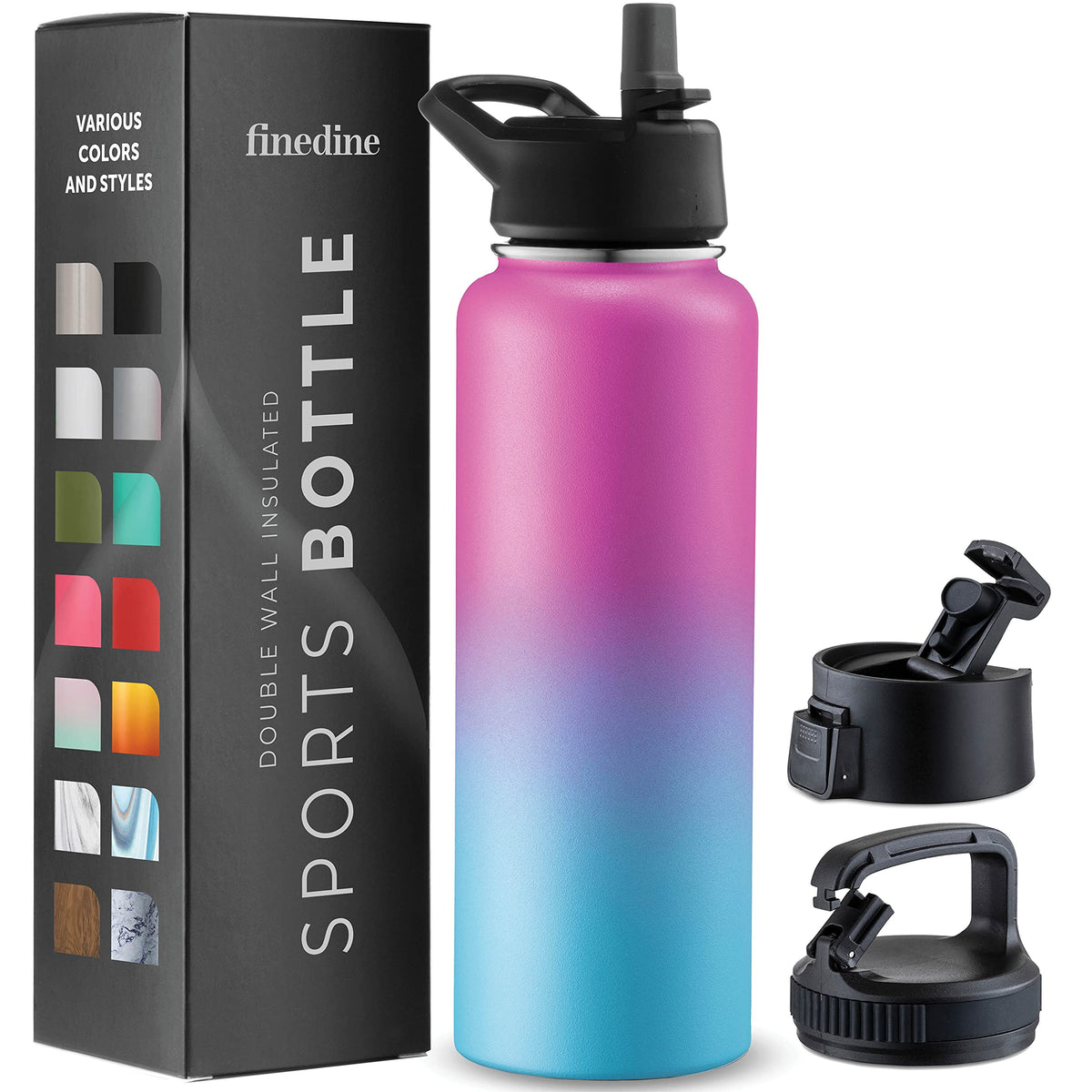 FineDine insulated bottle with Pacific Blue Rose front view highlights temperature retention