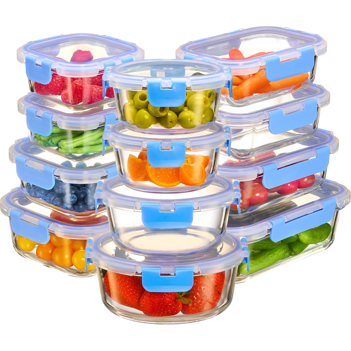FineDine 24-piece glass storage containers with lids on the counter for meal prep and leftovers.