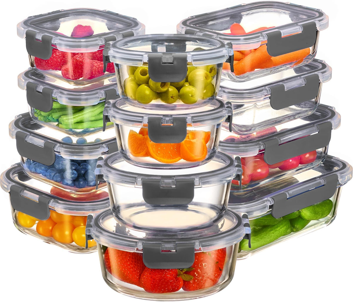 FineDine borosilicate glass meal prep container stack demonstrates space-saving organization in the fridge.
