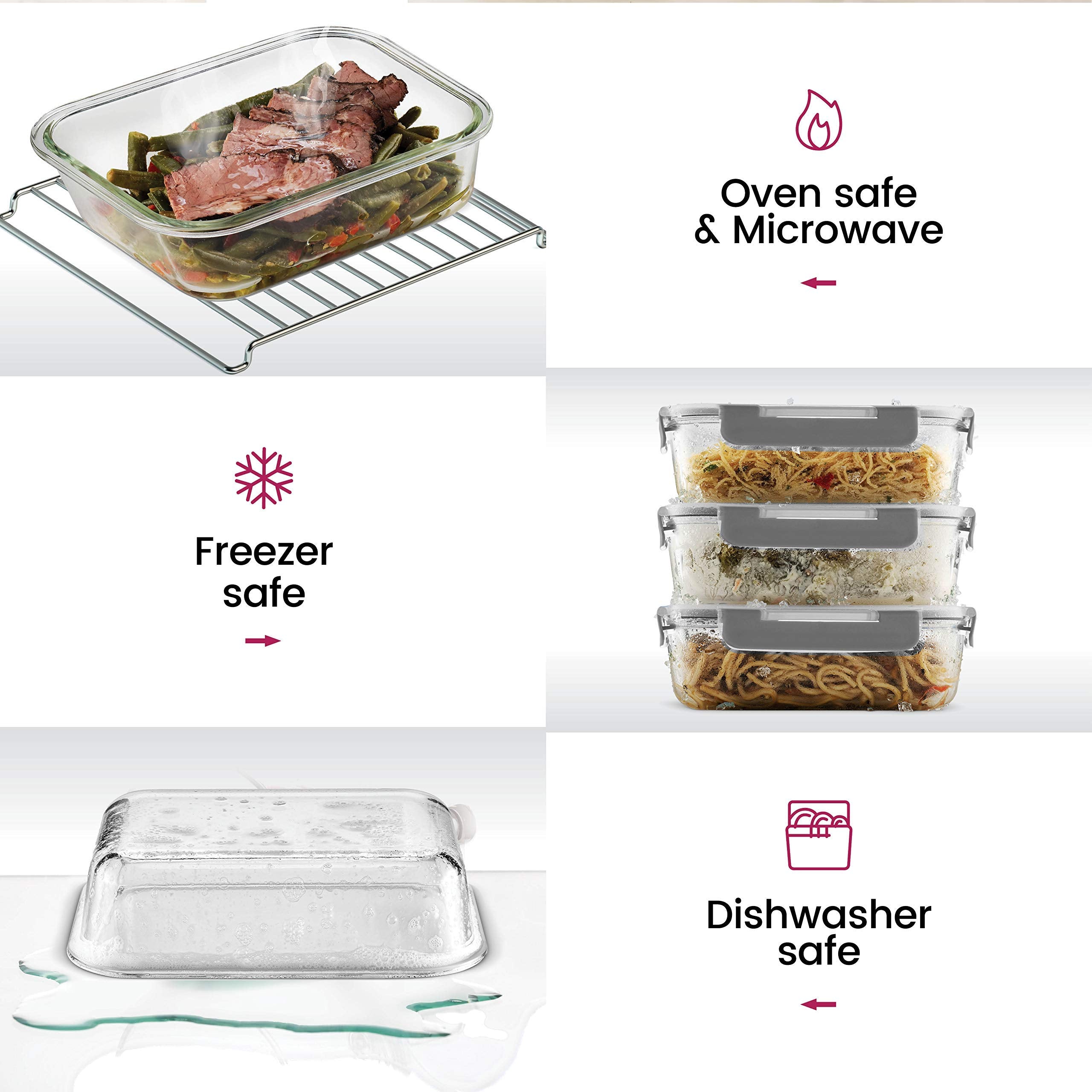 FineDine stackable glass meal containers neatly nest in cabinets for efficient storage.