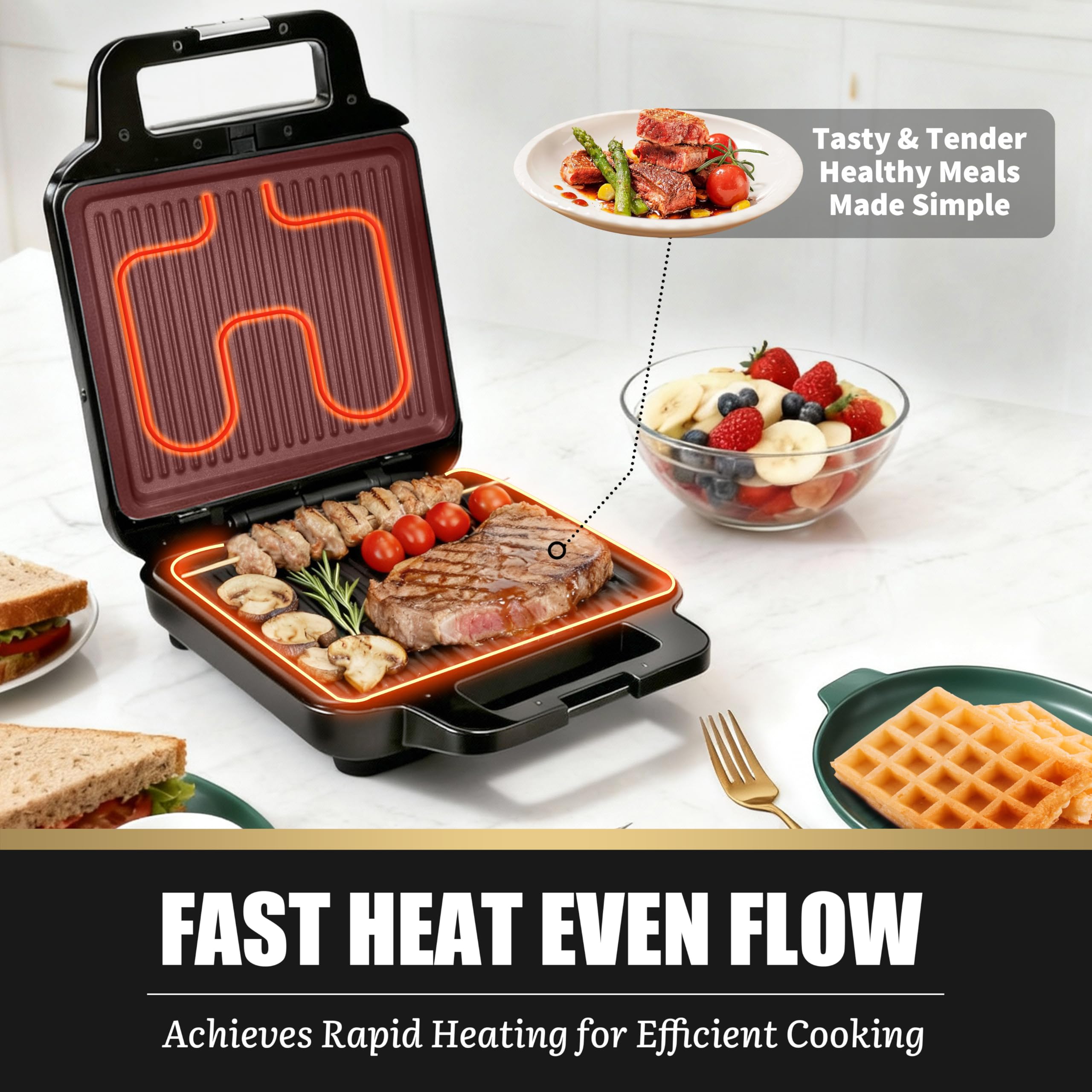 FineMade large family waffle iron serves multiple waffles at once