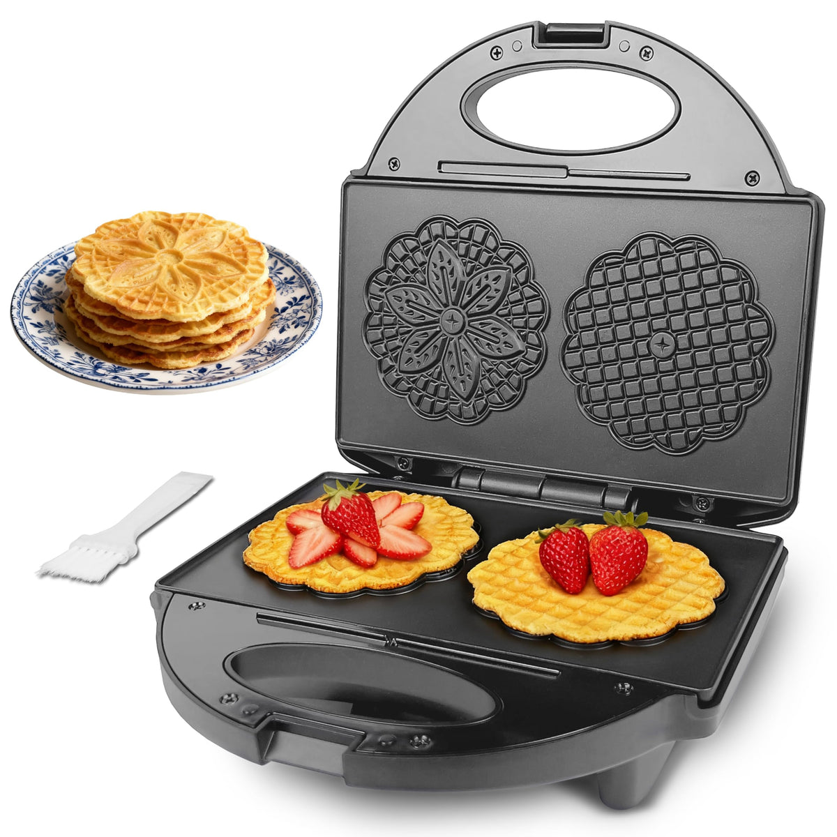 FineMade pizzelle maker with snowflake pattern producing two quick, crispy cookies