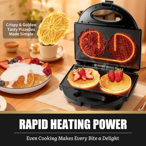 Two 4-inch pizzelle cookies baked at once by FineMade pizzelle maker