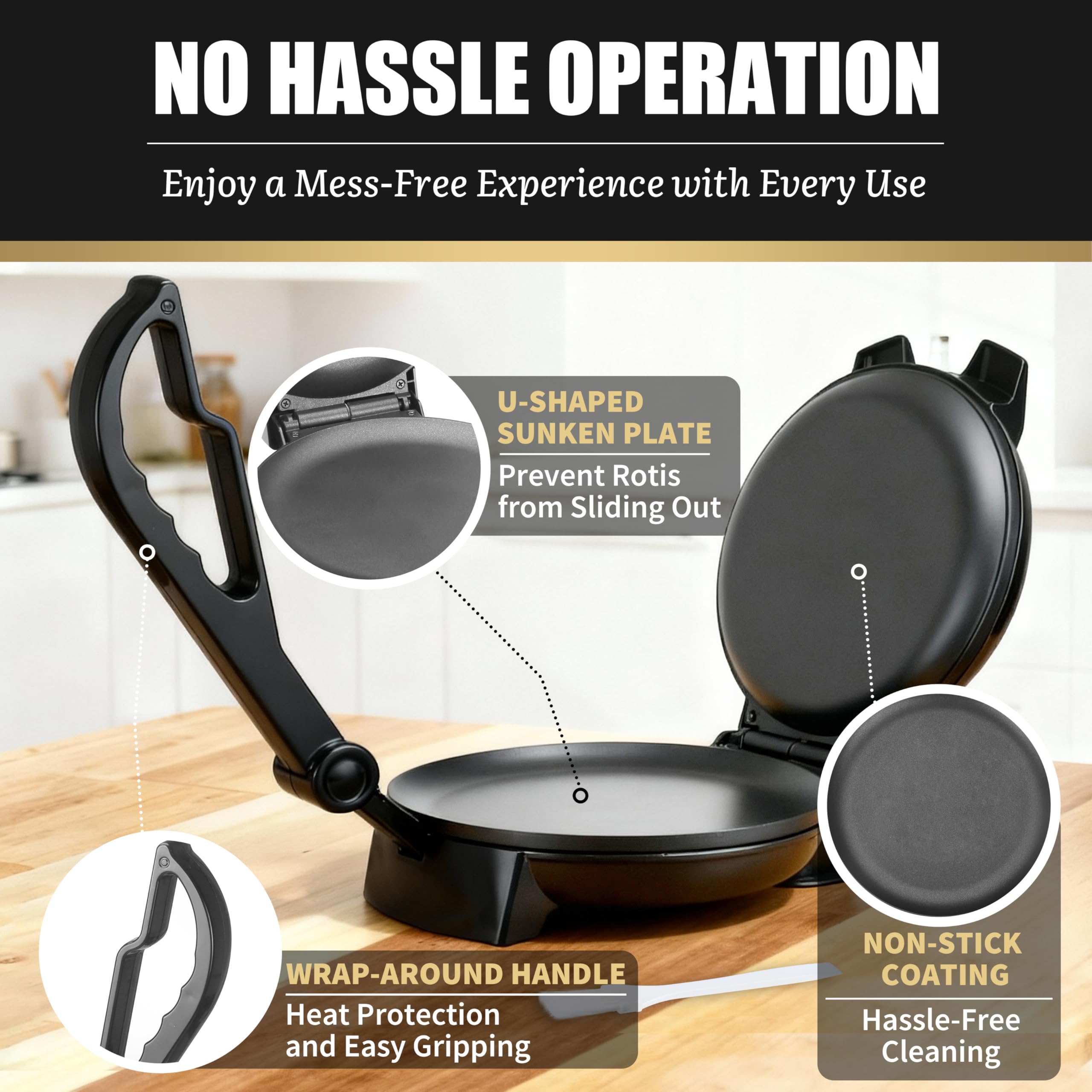 FineMade Roti Maker U-shaped baking plate keeps roti centered for even cooking.