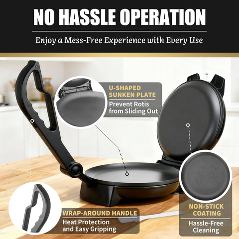 FineMade Roti Maker U-shaped baking plate keeps roti centered for even cooking.