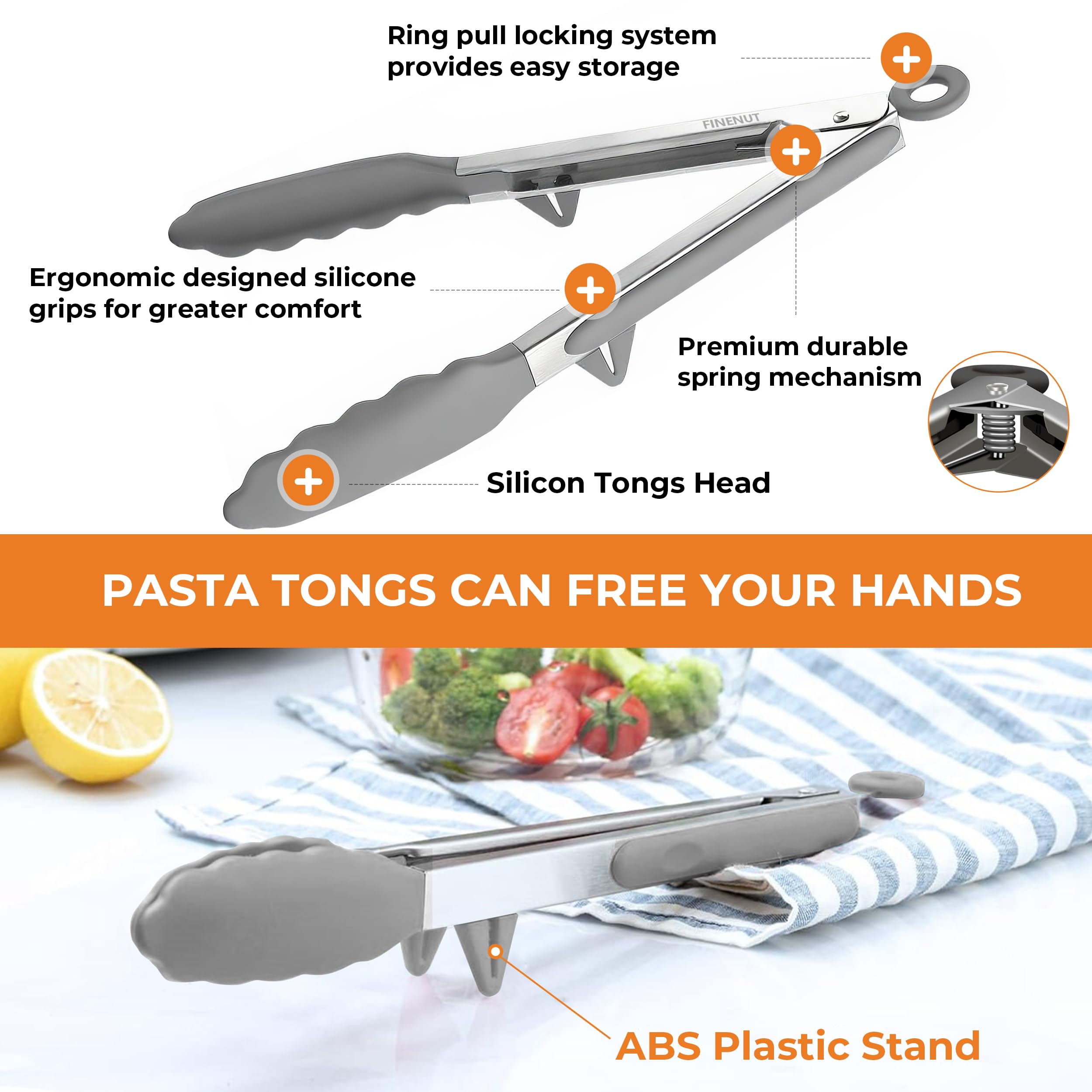Kickstand design keeps dirty tongs from touching counters.
