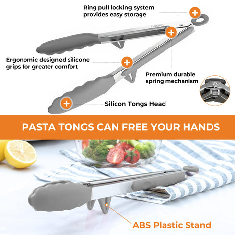 Kickstand design keeps dirty tongs from touching counters.