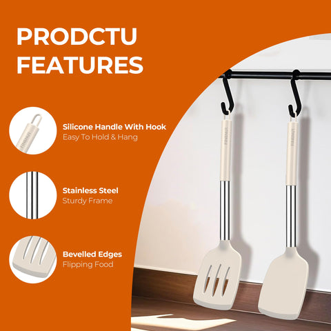 FINENUT silicone spatula on nonstick pan showing gentle glide