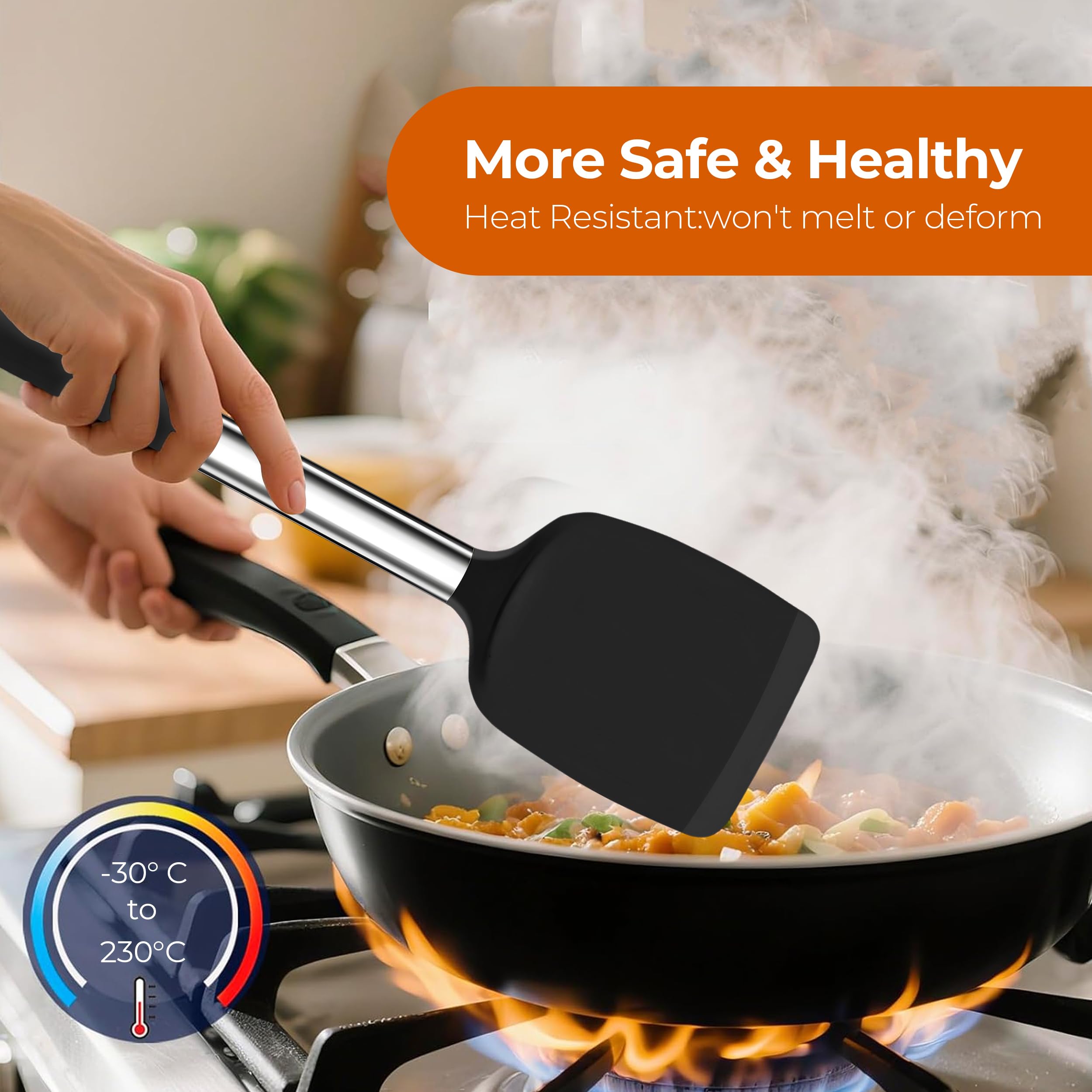 Finenut silicone spatula scratch-protector guards ceramic coatings during flipping.