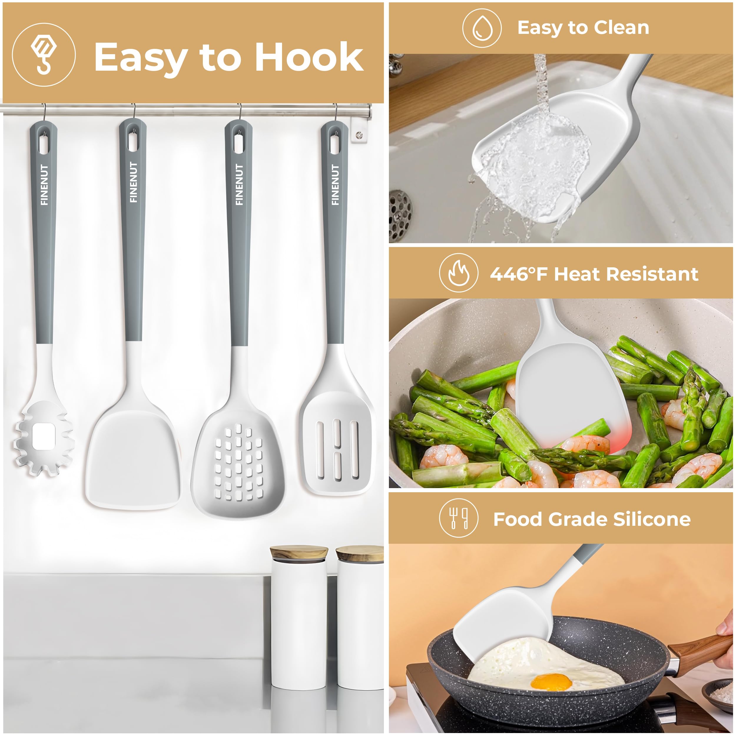 FINENUT silicone turner designed for delicate cookware and smooth flipping.
