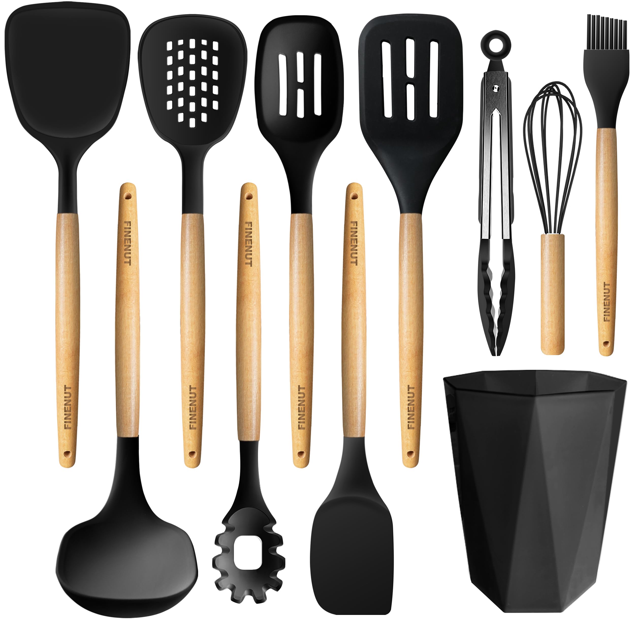 FINENUT silicone spatula with wooden handle, heat resistant for safe nonstick cooking