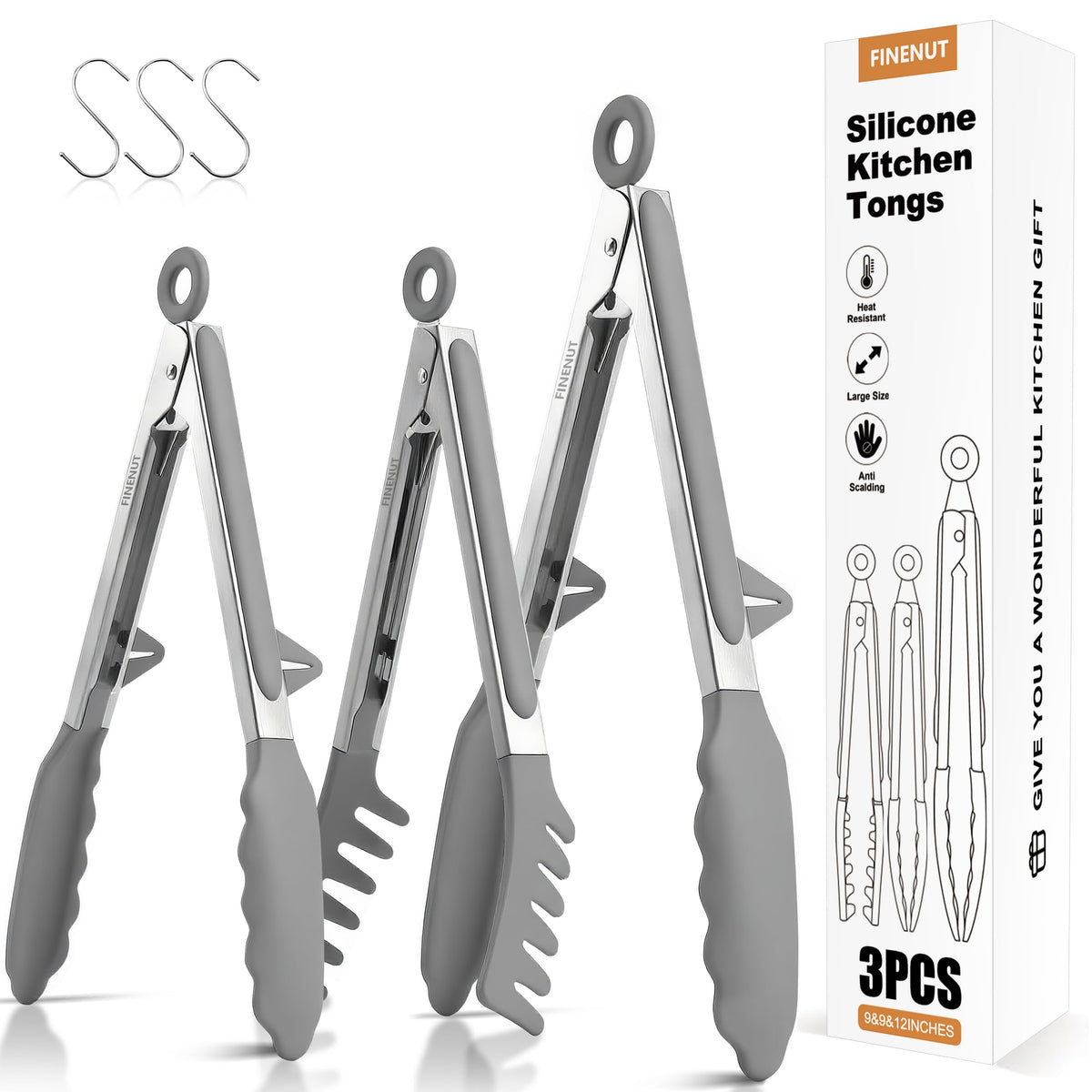 FINENUT three-piece stainless steel silicone tongs for safe grilling.