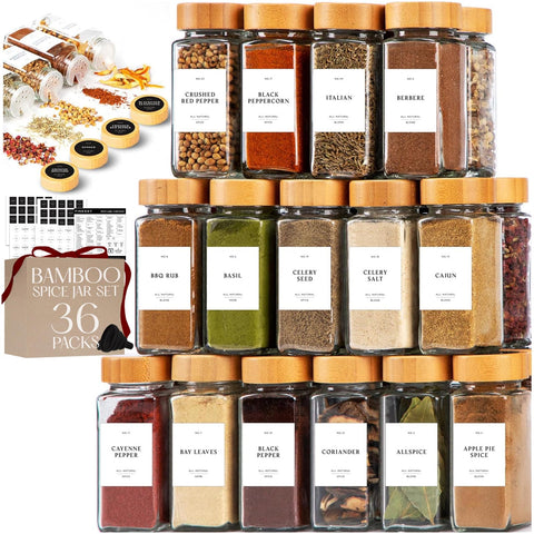 FINESSY glass spice jars with labels and bamboo lids for organized pantry storage