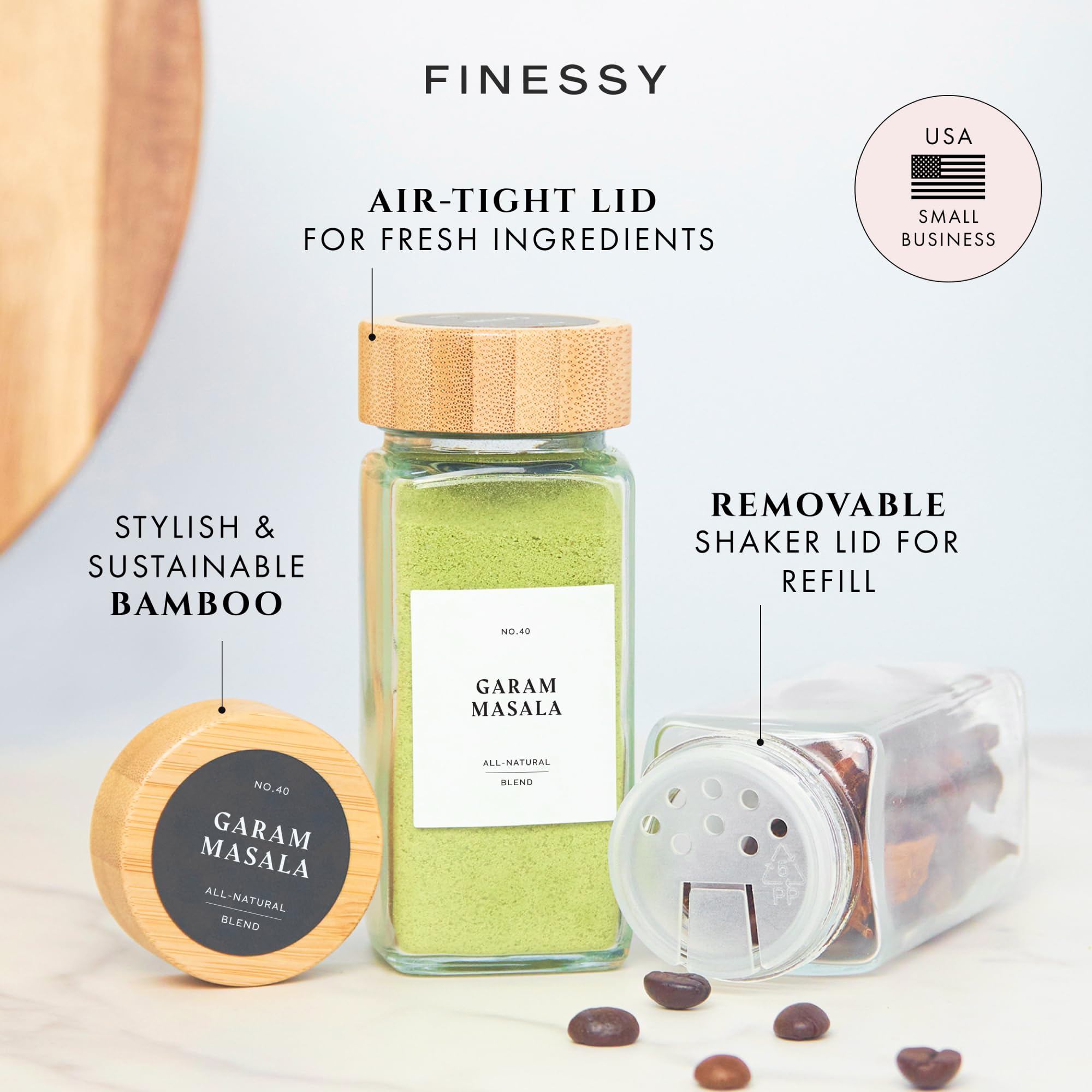 FINESSY spice jars in a drawer for compact kitchen organization