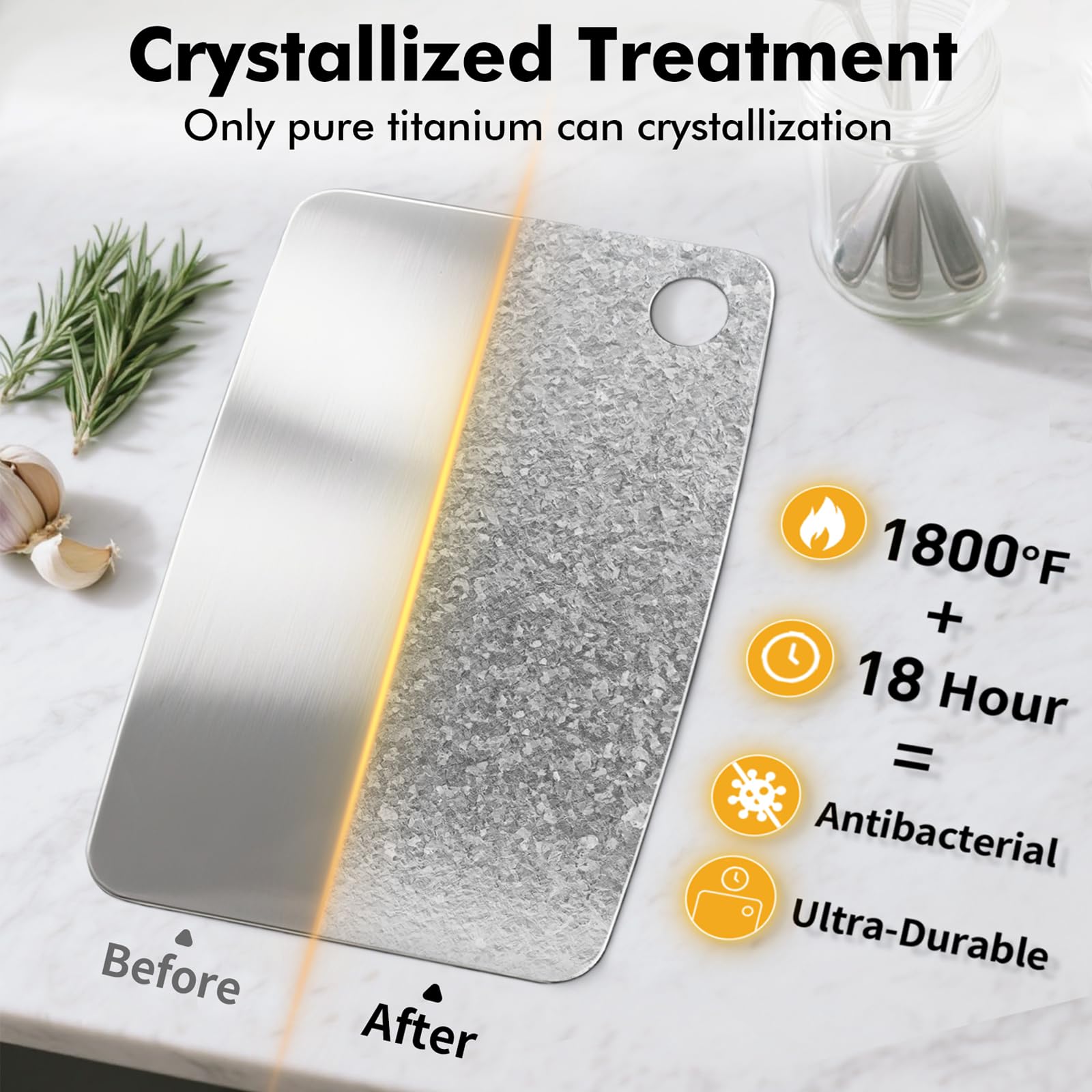 FineYorker titanium cutting board crystal-treated surface with fingerprint pattern
