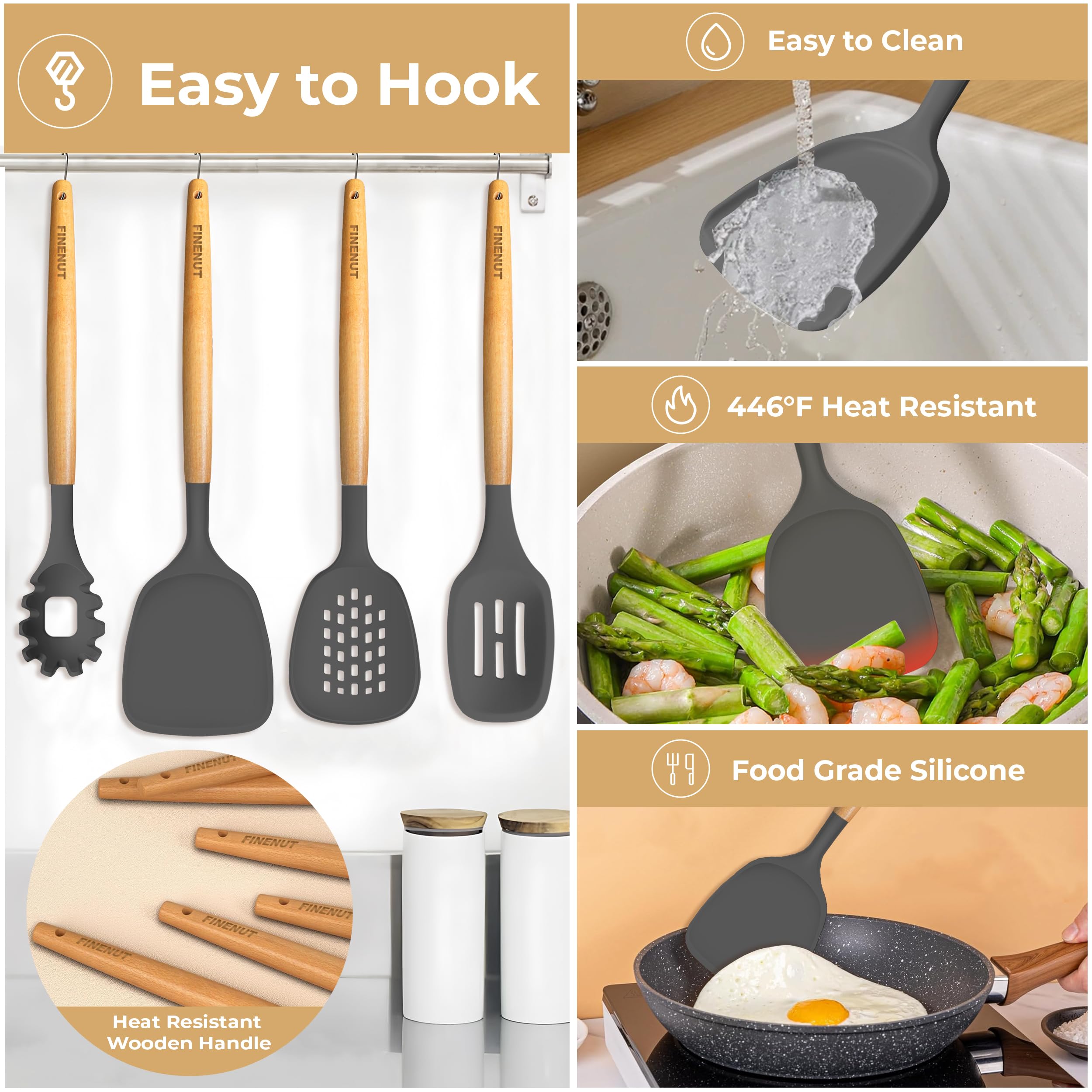 FINENUT silicone edges protect nonstick surfaces during flipping and stirring.