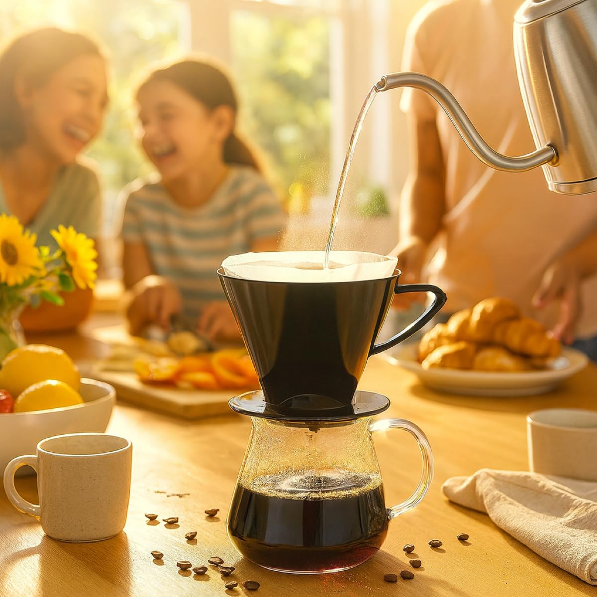 Fino pour-over cone producing drip brew over carafe or mug.