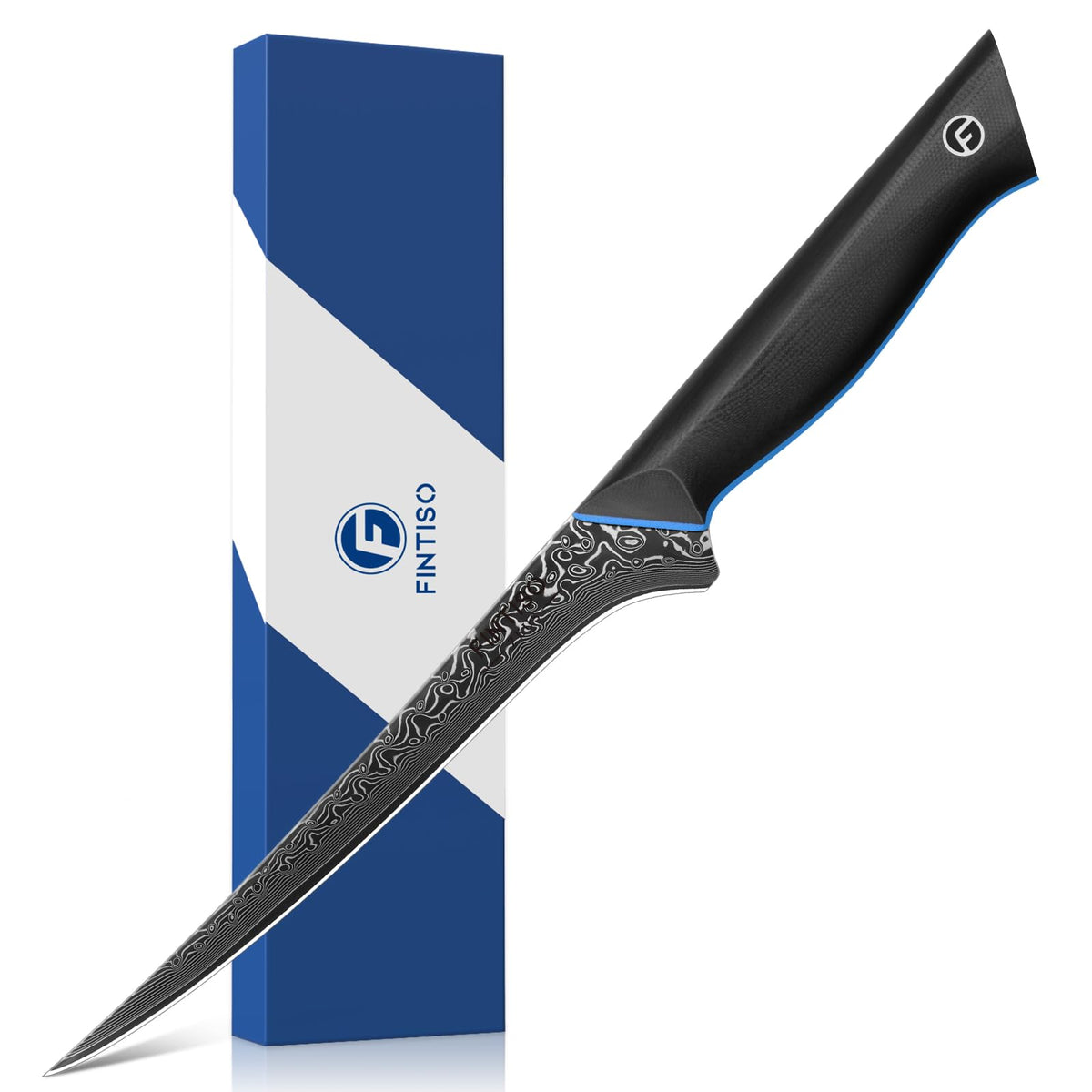 FINTISO 7 inch fillet knife with damascus blade for precise fish filleting and skinning.