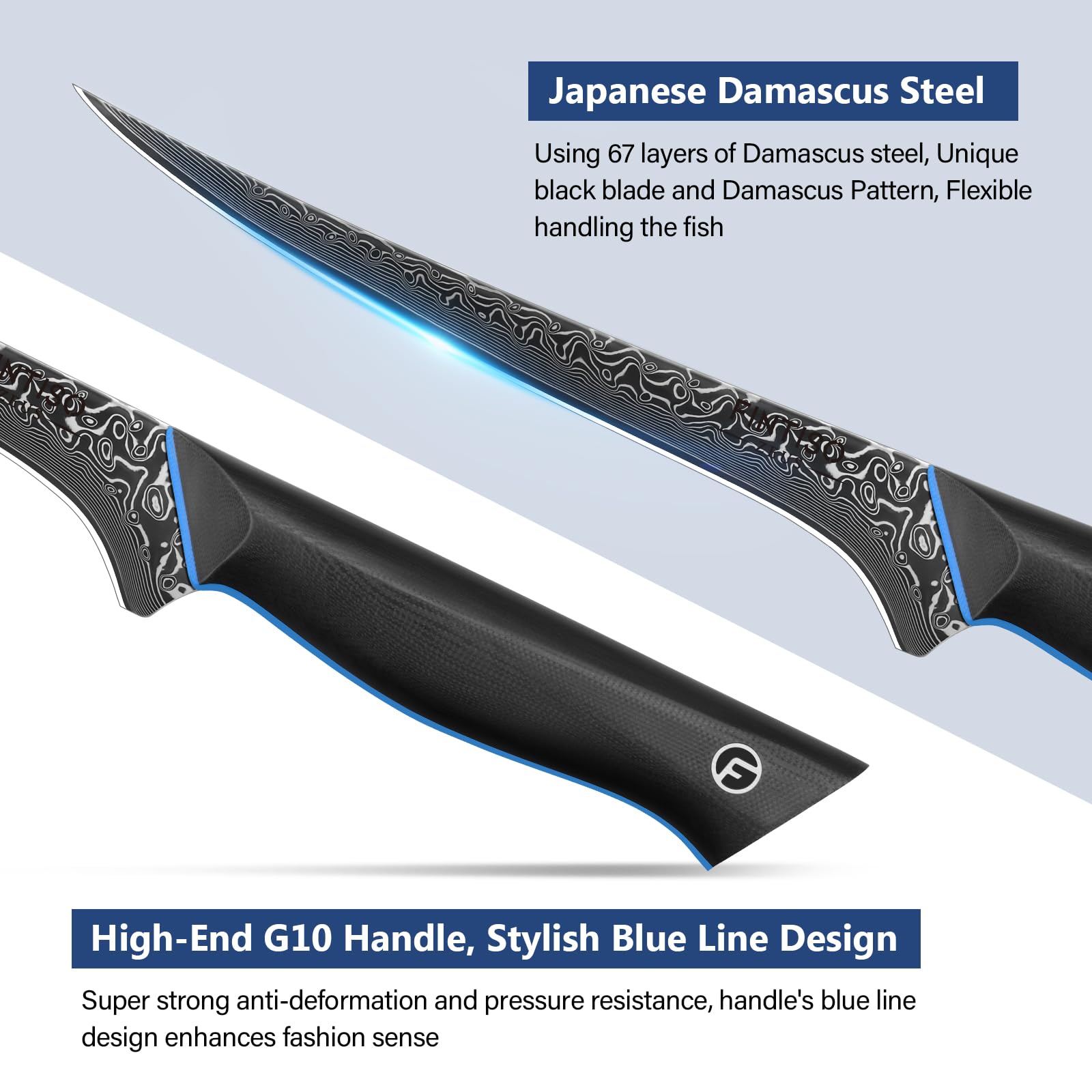 FINTISO fillet knife showcases damascus pattern and craftsmanship for durable cutting performance.