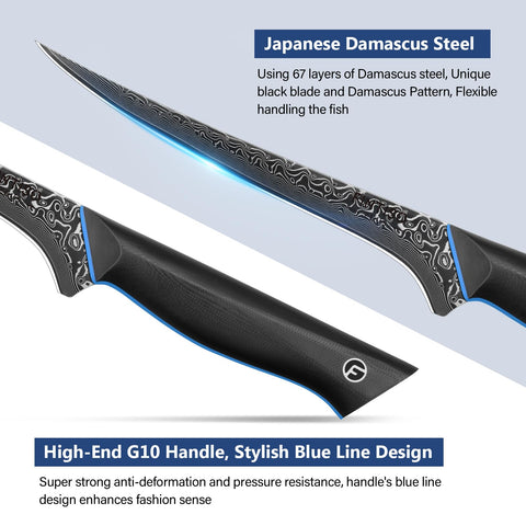 FINTISO fillet knife showcases damascus pattern and craftsmanship for durable cutting performance.