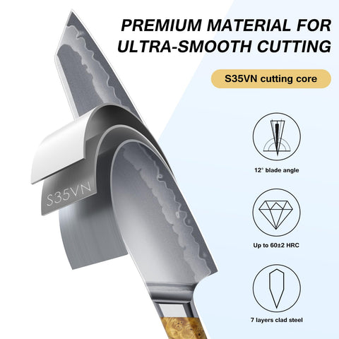 FINTISO 7-layer clad steel blade for durability and sharp edge longevity.